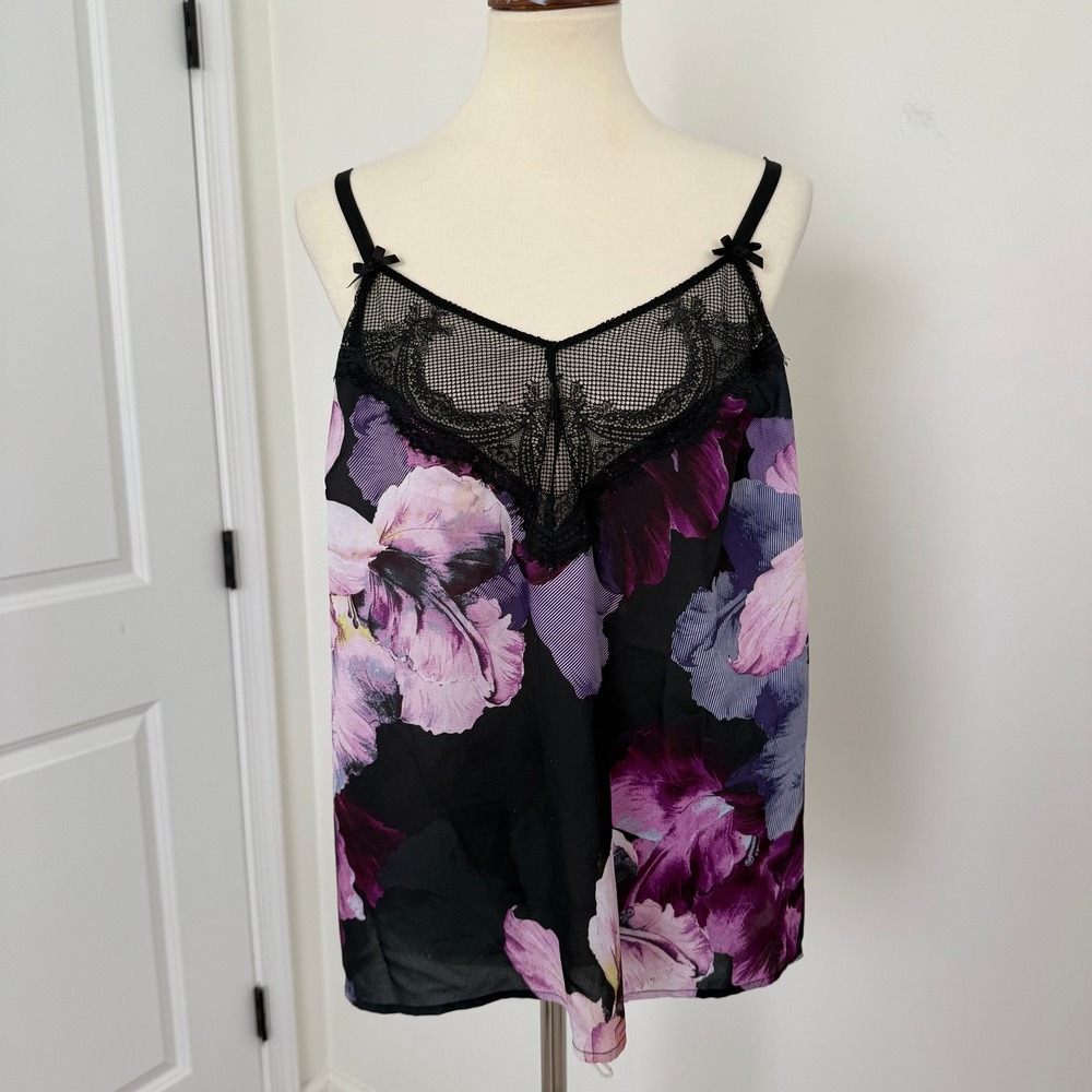 Cacique Womens‎ Floral Print Black Lace Trim Cami Top Size 14/16